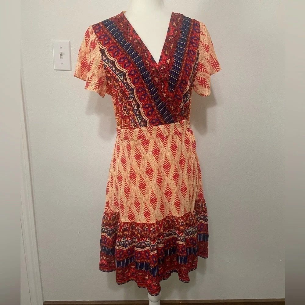 Zesica women's M bright and bold boho print true wrap dress EUC - Picture 2 of 9